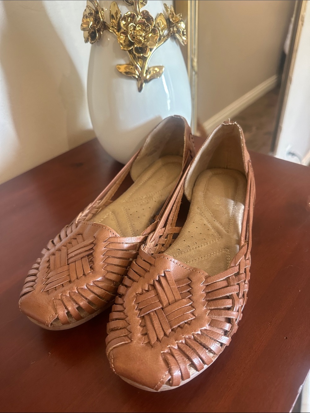 Naturalizer Women's Woven Tan Leather Slip-On Flats